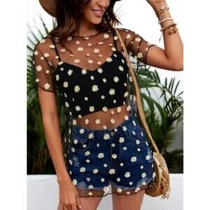 SHEIN Floral Print Lettuce Trim Sheer Cover Up Without Cami Top